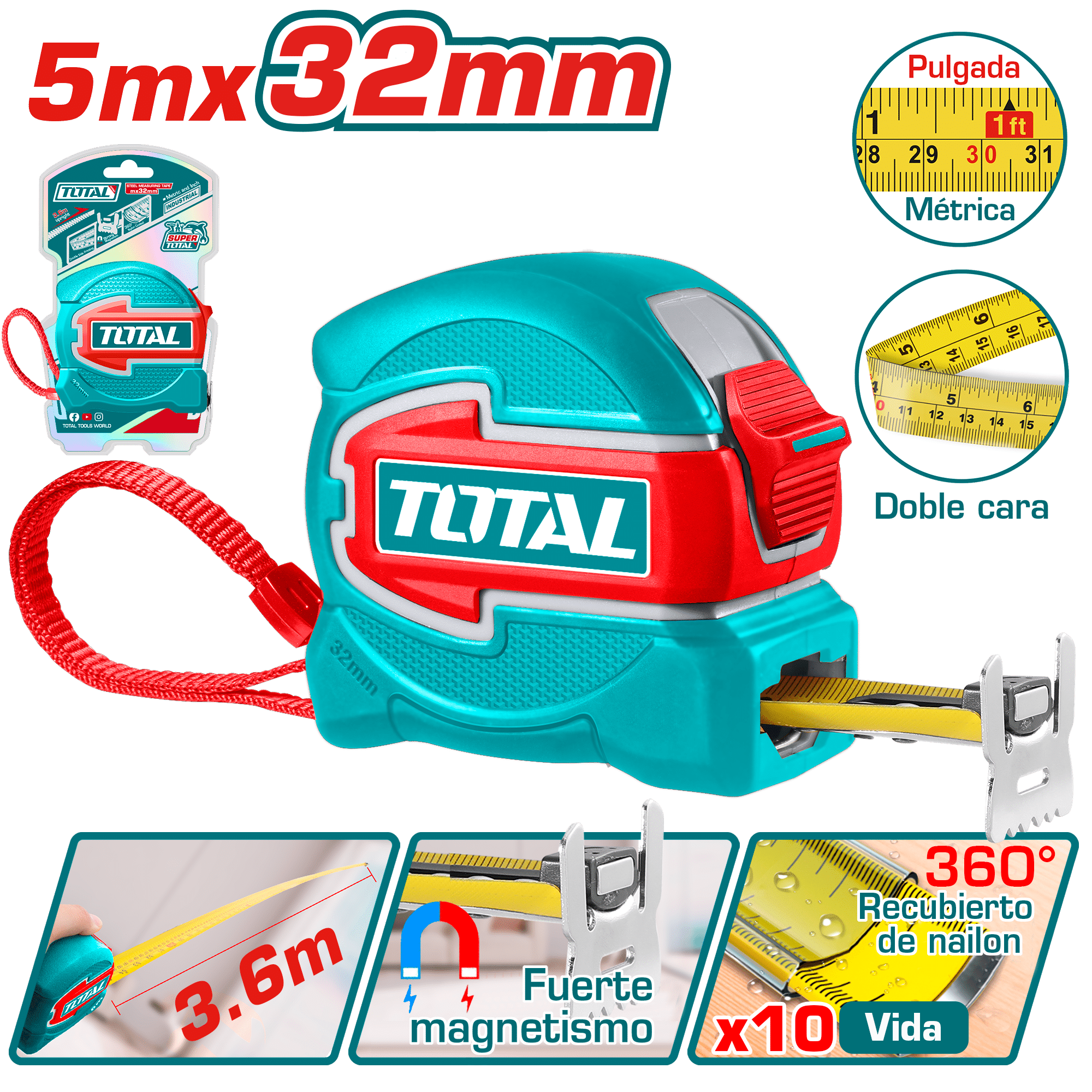 CINTA METRICA ACERO/NYLON DOBLE LADO MAGNET 5MX32MM