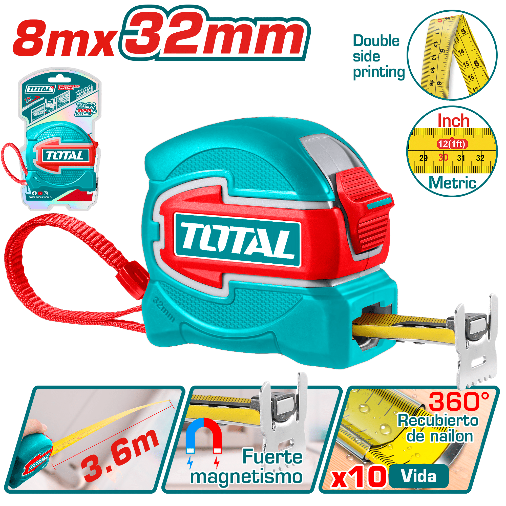 CINTA METRICA ACERO/NYLON DOBLE LADO MAGNET 8MX32MM