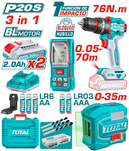 COMBO 3 EN 1 TALADRO IMPACTO 76NM + NIVEL LASER + MEDIDOR DISTANCIA 2X2.0AH + ACC INDUSTRIAL