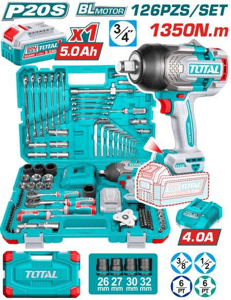 SET LLAVE DE IMPACTO 1350NM 20V + HERRAMIETAS 1X5.0AH (126PCS ) INC MALETING INDUSTRIAL