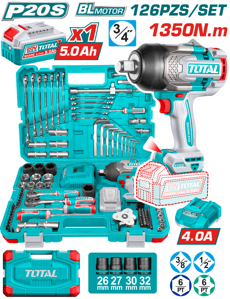 SET LLAVE DE IMPACTO 1350NM 20V + HERRAMIETAS 1X5.0AH (126PCS ) INC MALETING INDUSTRIAL