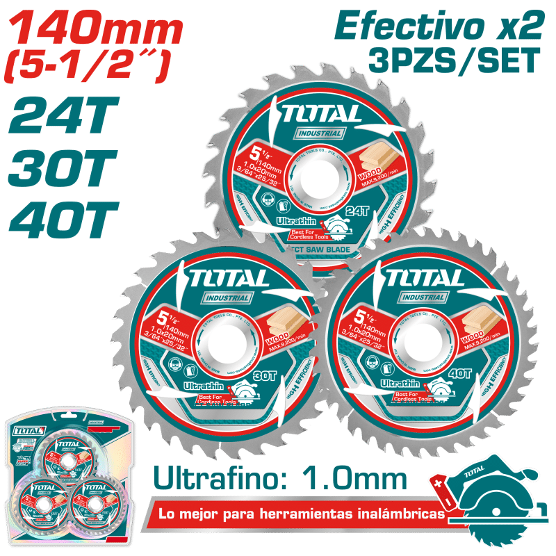 SET DISCOS DENTADOS 140MM 3PCS 24T/30T/40T EFFX2 ULTRA DELGADO: 1MM INDUSTRIAL