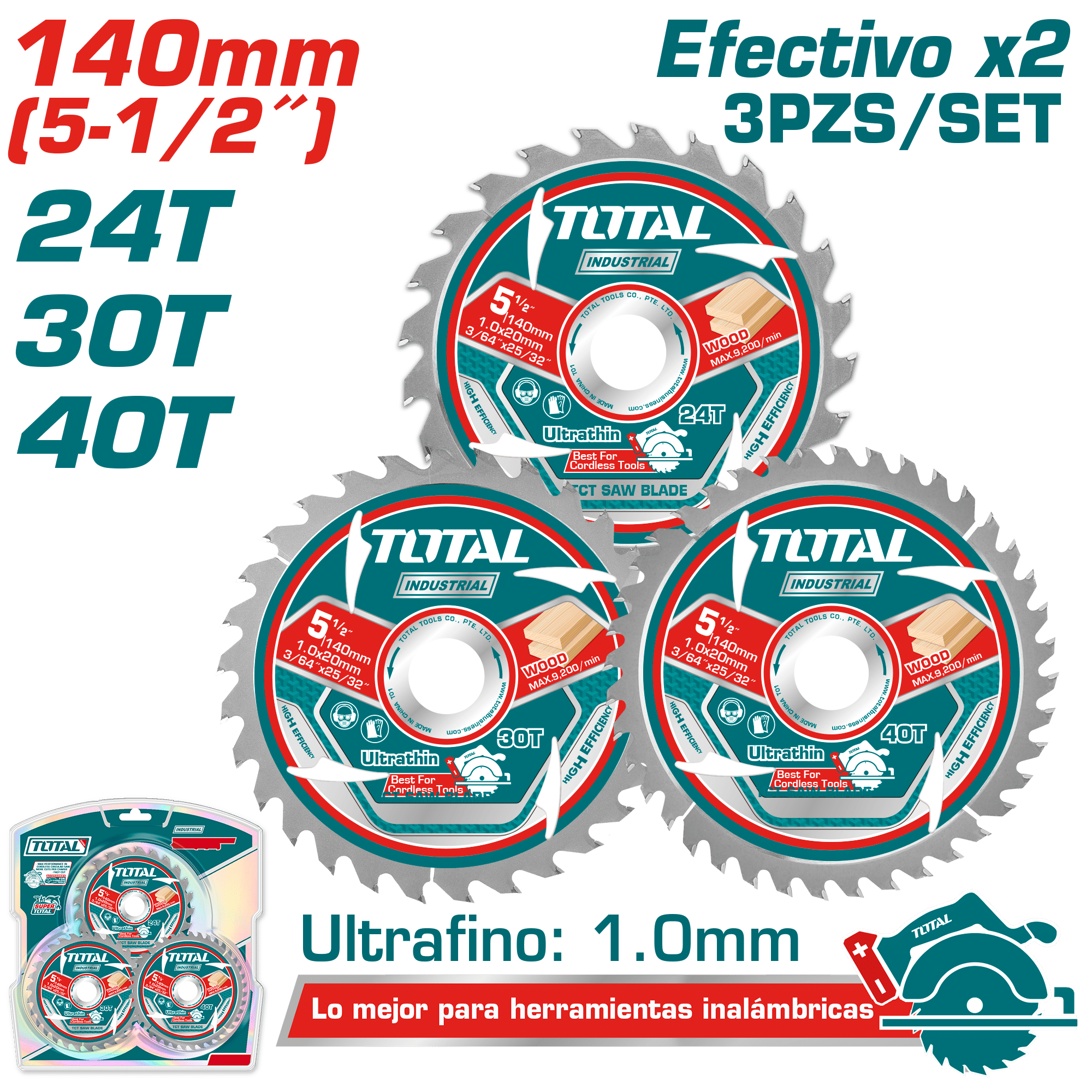 SET DISCOS DENTADOS 140MM 3PCS 24T/30T/40T EFFX2 ULTRA DELGADO: 1MM INDUSTRIAL