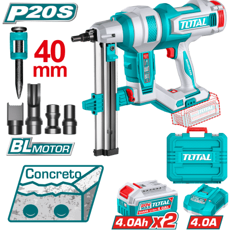 CLAVADORA CONCRETO 20V BLMOTOR  R:15-40MM +1000 CLAVOS 2X4.0AH +ACC MALETIN INDUSTRIAL
