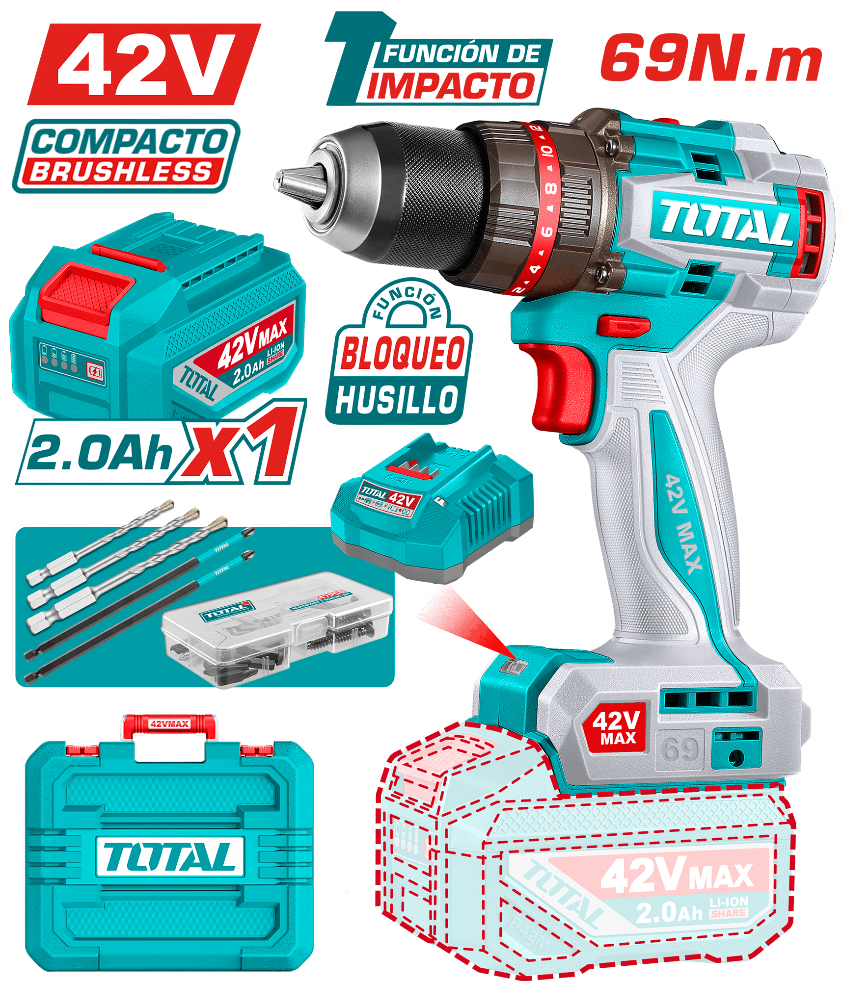 TALADRO PERCUTOR 42V 69NM 13MM 1X2.0AH BRUSHLESS +ACC MALETIN INDUSTRIAL