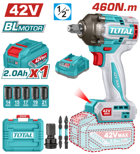 LLAVE IMPACTO BRUSHLESS 42V 460NM 1/2'' 2900BPM BRUSHLESS 1X2.0AH +ACC MALETIN INDUSTRIAL