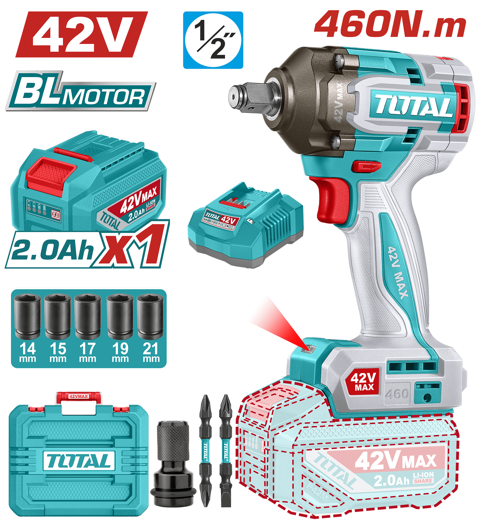 LLAVE IMPACTO BRUSHLESS 42V 460NM 1/2'' 2900BPM BRUSHLESS 1X2.0AH +ACC MALETIN INDUSTRIAL