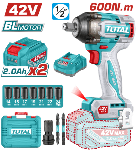 LLAVE IMPACTO BRUSHLESS 42V 600NM 1/2'' 2900BPM BRUSHLESS 2X2.0AH +ACC MALETIN INDUSTRIAL