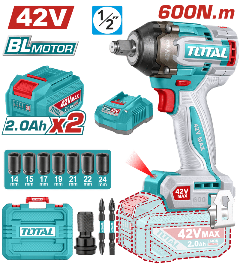 LLAVE IMPACTO BRUSHLESS 42V 600NM 1/2'' 2900BPM BRUSHLESS 2X2.0AH +ACC MALETIN INDUSTRIAL