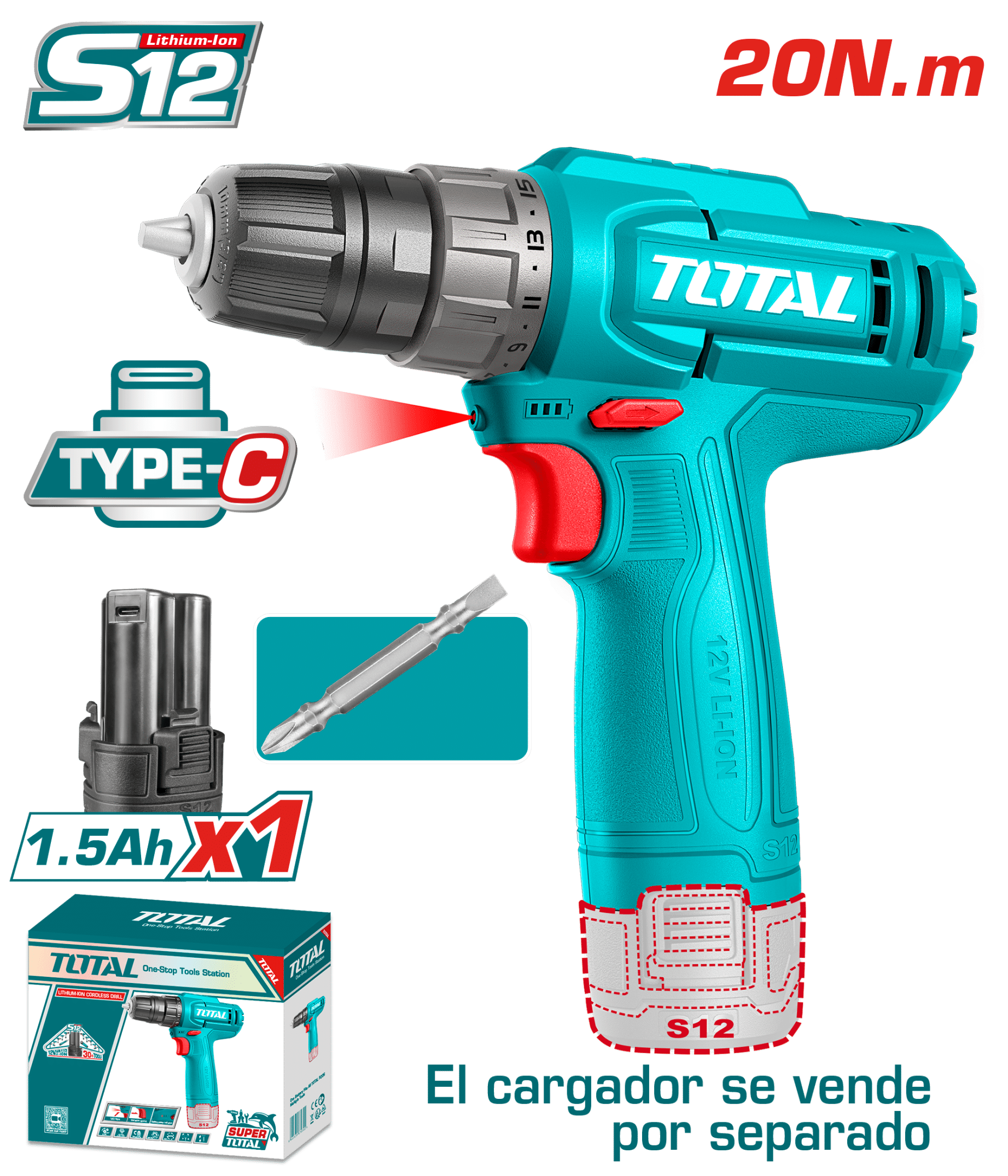 TALADRO 12V S12 20NM 0.8-10MM 0-750RPM 1X1.5AH TIPO C +PUNTA DUAL