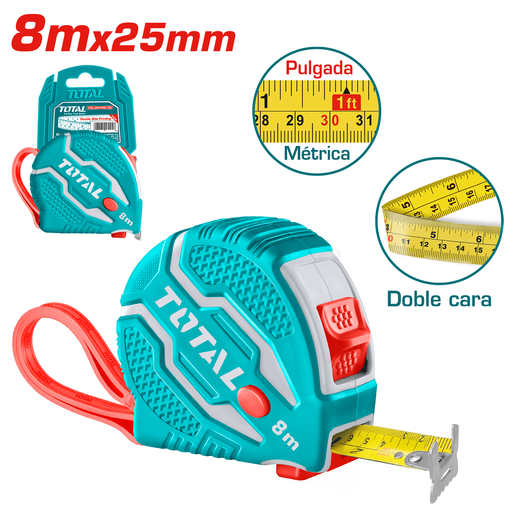 CINTA METRICA DE ACERO/ABS 3 BOTONES DOBLE LADO 8MX25MM
