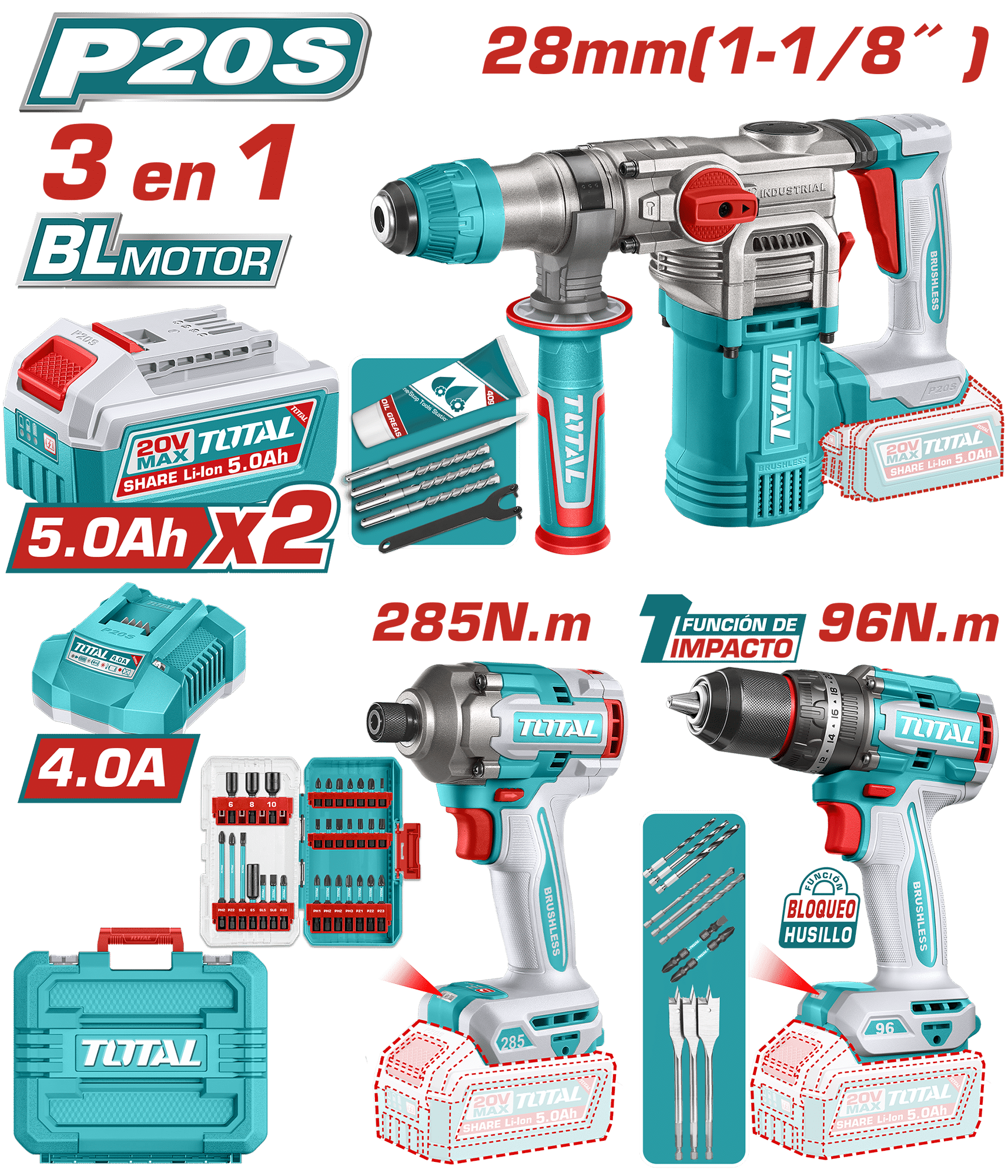 COMBO 3 EN 1 ROTOMARTILLO 28MM + TALADRO IMP. 96NM + DES.IMPAC. 285NM 2X5.0AH +ACC INDUSTRIAL