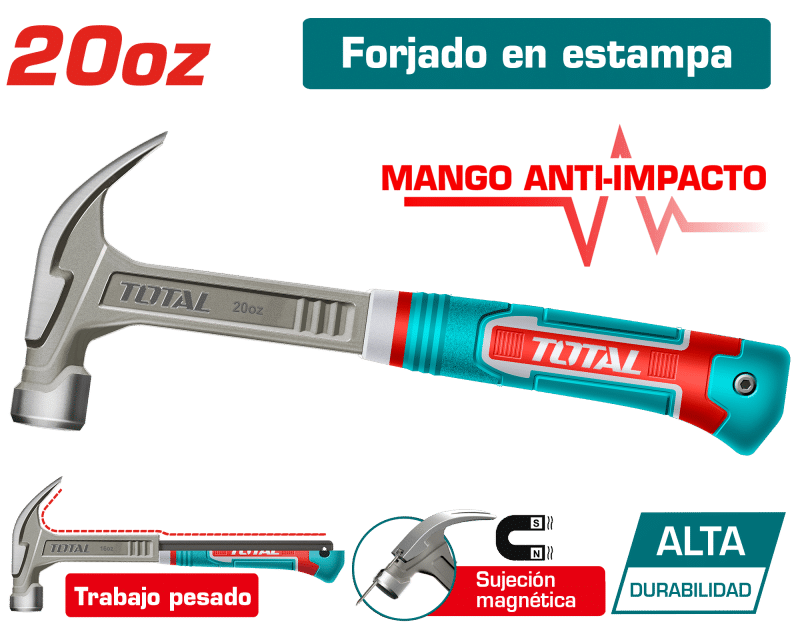 MARTILLO DE UÑA MANGO FIBRA DE VIDRIO 20OZ/560G ACERO CARBON MAGNETICO INDUSTRIAL