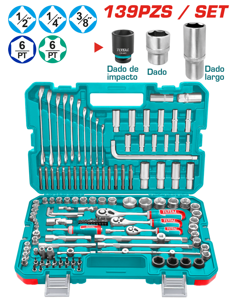 SET HERRAMIENTAS COMBINADAS + RACHETS 139 PZS INC MALETIN INDUSTRIAL