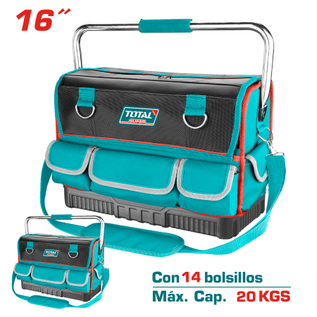 MALETIN DE HERRAMIENTAS 16PULG 14 BOLSILLOS MAX 20KG POLIESTER 1680D ANTIHUMEDAD INDUSTRIAL