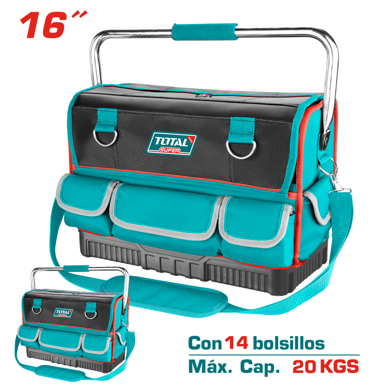 MALETIN DE HERRAMIENTAS 16PULG 14 BOLSILLOS MAX 20KG POLIESTER 1680D ANTIHUMEDAD INDUSTRIAL