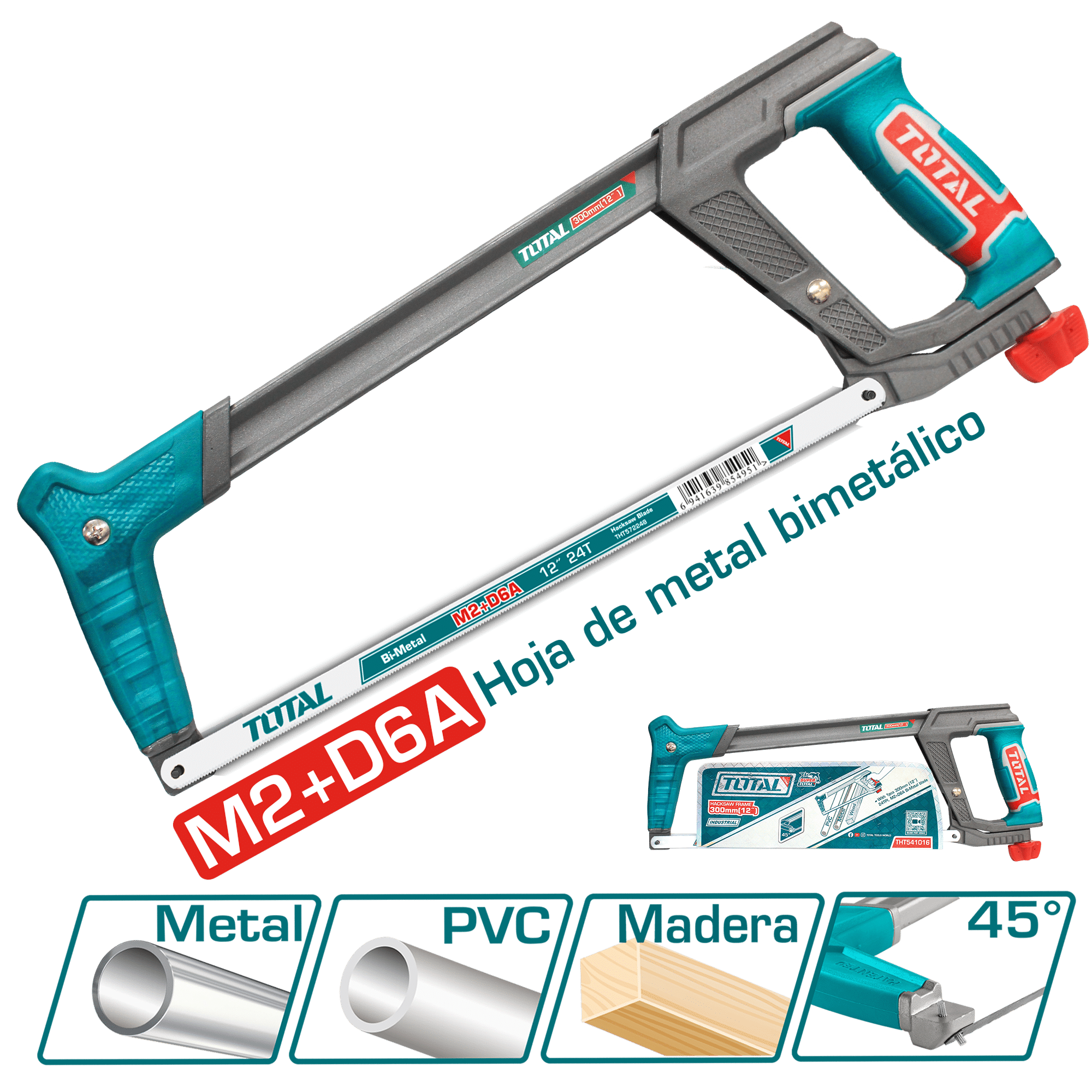 ARCO DE SIERRA 300MM(12'') MANGO AL+TPR + 1PZ 24TPI M2+D6A BI METAL 45/90º INDUSTRIAL
