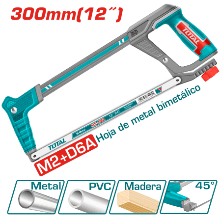 ARCO DE SIERRA 300MM(12'') MANGO AL+TPR + 1PZ 24TPI M2+D6A BI METAL 45/90º INDUSTRIAL