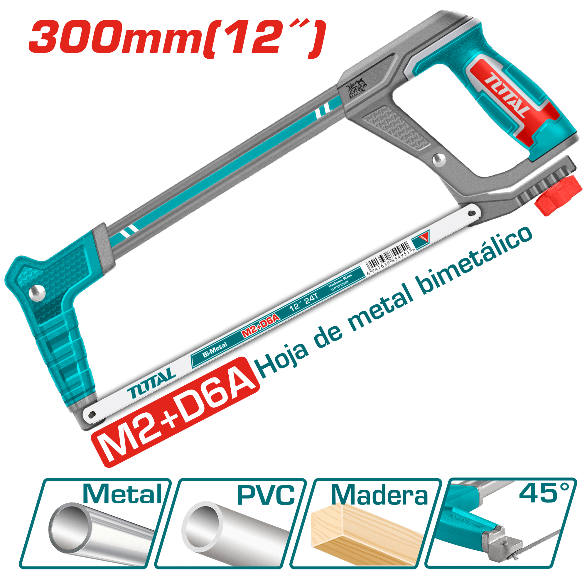 ARCO DE SIERRA 300MM(12'') MANGO AL+TPR + 1PZ 24TPI M2+D6A BI METAL 45/90º INDUSTRIAL