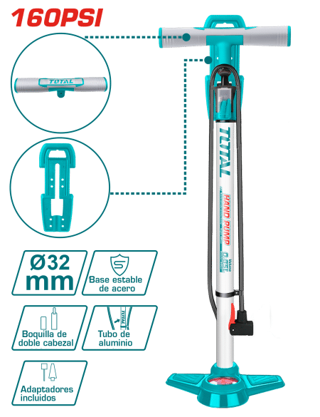INFLADOR MANUAL 32X580MM BAR/PSI BASE ACERO ALTA PRESION