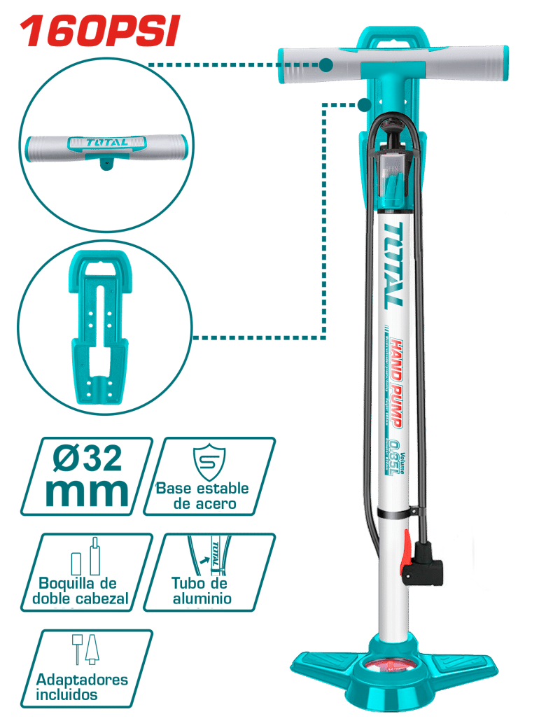 INFLADOR MANUAL 32X580MM BAR/PSI BASE ACERO ALTA PRESION