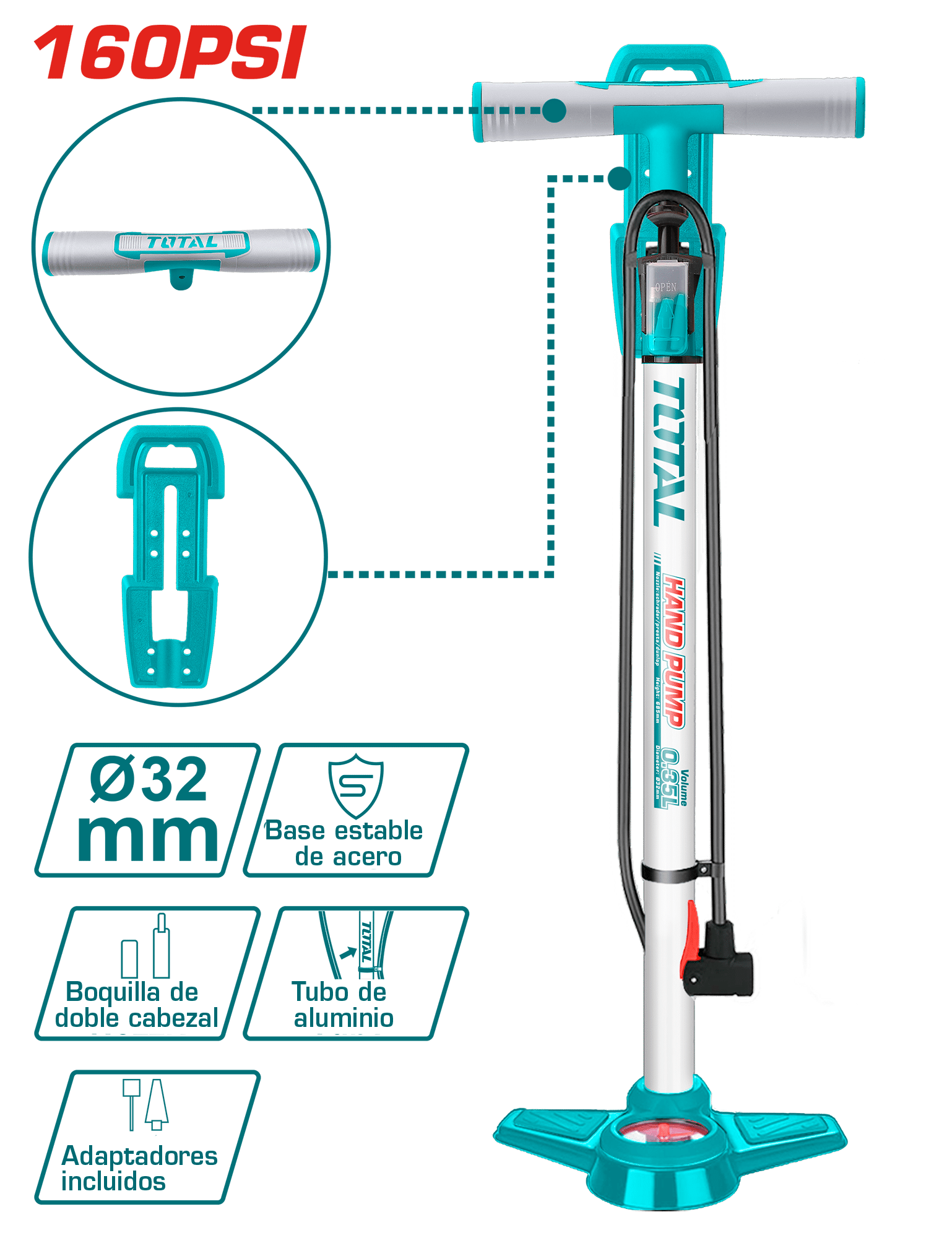 INFLADOR MANUAL 32X580MM BAR/PSI BASE ACERO ALTA PRESION