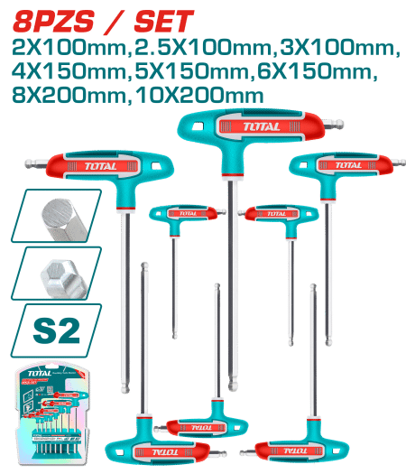 SET DE LLAVES HEXAGONALES PUNTA REDONDA MANGO-T 8PCS S2 INDUSTRIAL