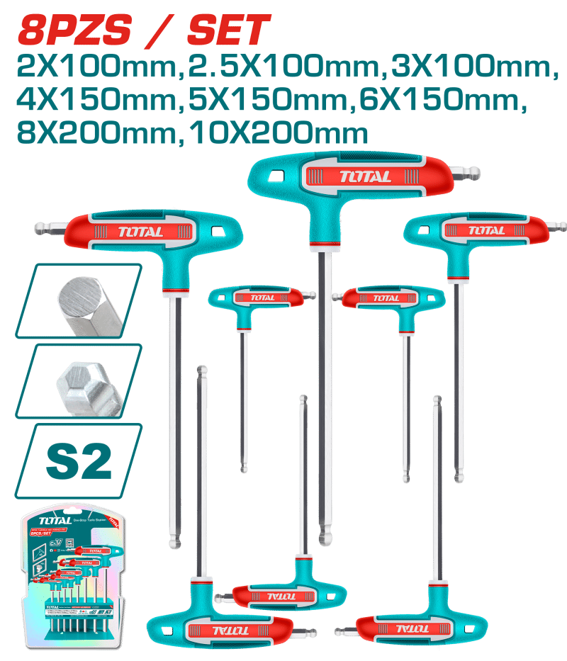 SET DE LLAVES HEXAGONALES PUNTA REDONDA MANGO-T 8PCS S2 INDUSTRIAL