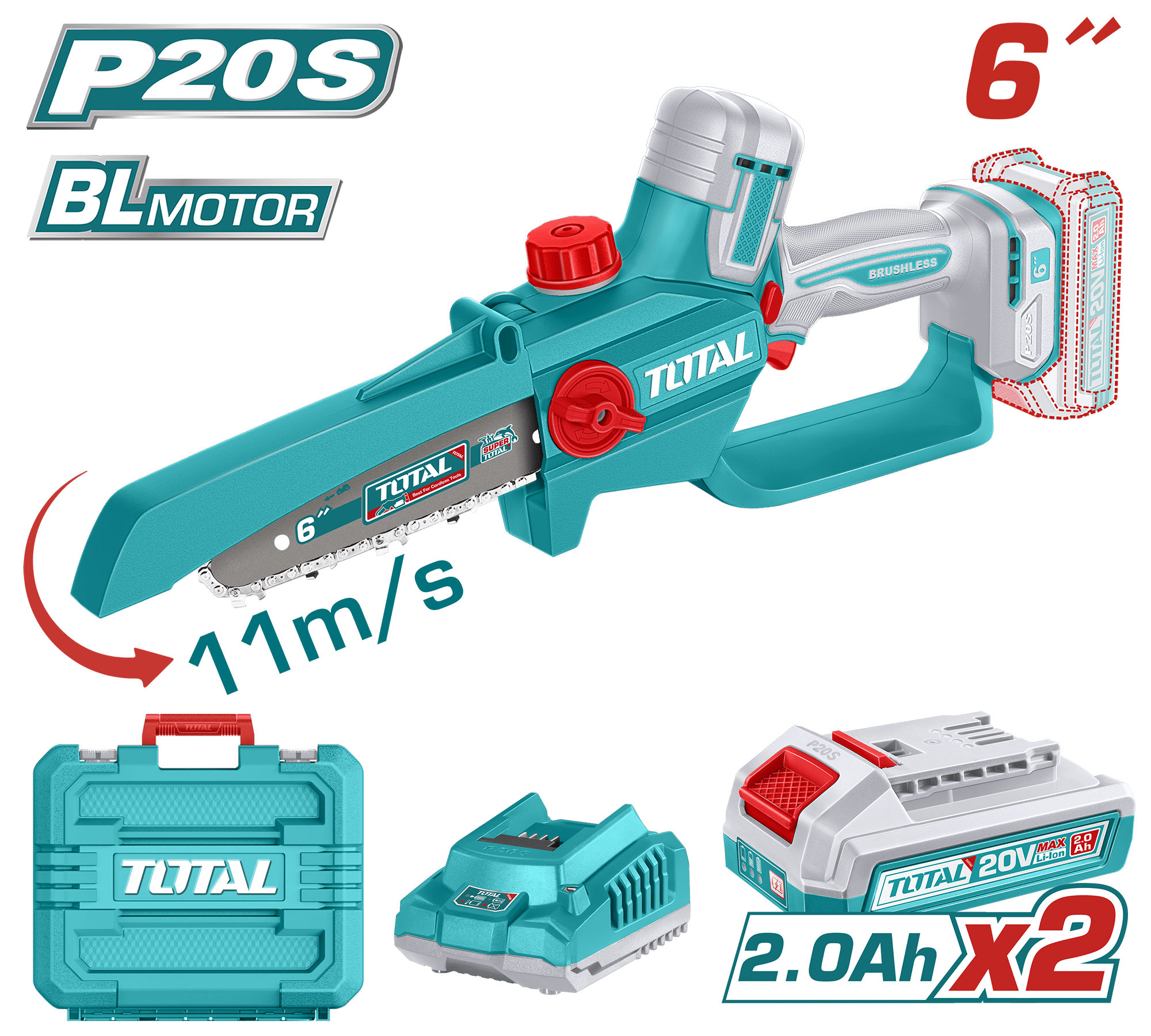 SIERRA DE CADENA LI-ION 20V 6″ 15CM 11M/S 2X2.0AH + MALETIN