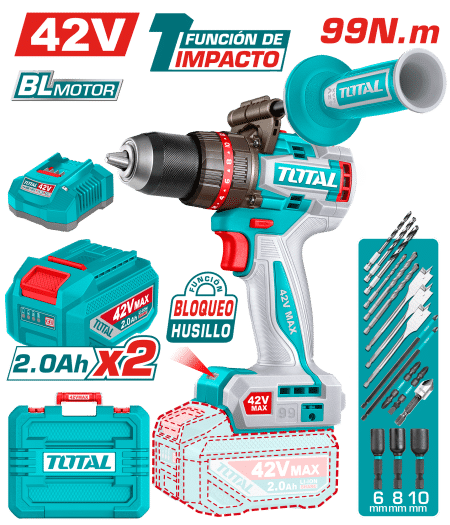 TALADRO PERCUTOR 42V 99NM 13MM 2X2.0AH BRUSHLESS +ACC MALETIN INDUSTRIAL