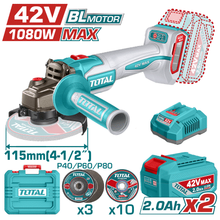 AMOLADORA 42V BLMOTOR 3000-9000RPM 115MM M14 1080WMAX 2X2.0AH +ACC MALETIN INDUSTRIAL