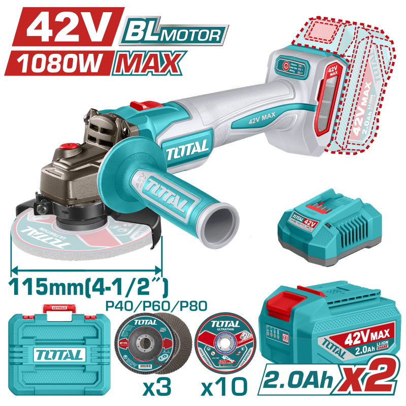 AMOLADORA 42V BLMOTOR 3000-9000RPM 115MM M14 1080WMAX 2X2.0AH +ACC MALETIN INDUSTRIAL