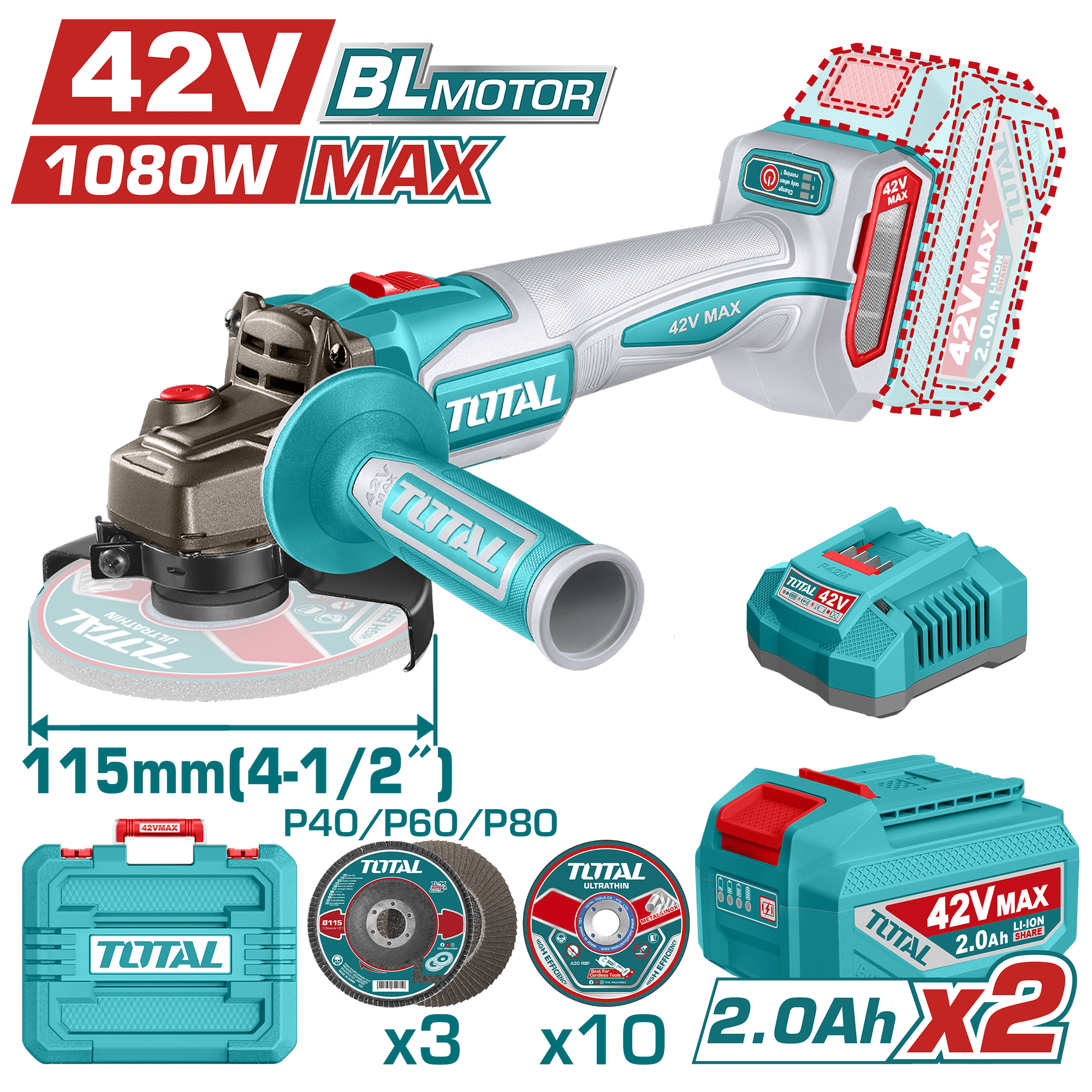 AMOLADORA 42V BLMOTOR 3000-9000RPM 115MM M14 1080WMAX 2X2.0AH +ACC MALETIN INDUSTRIAL