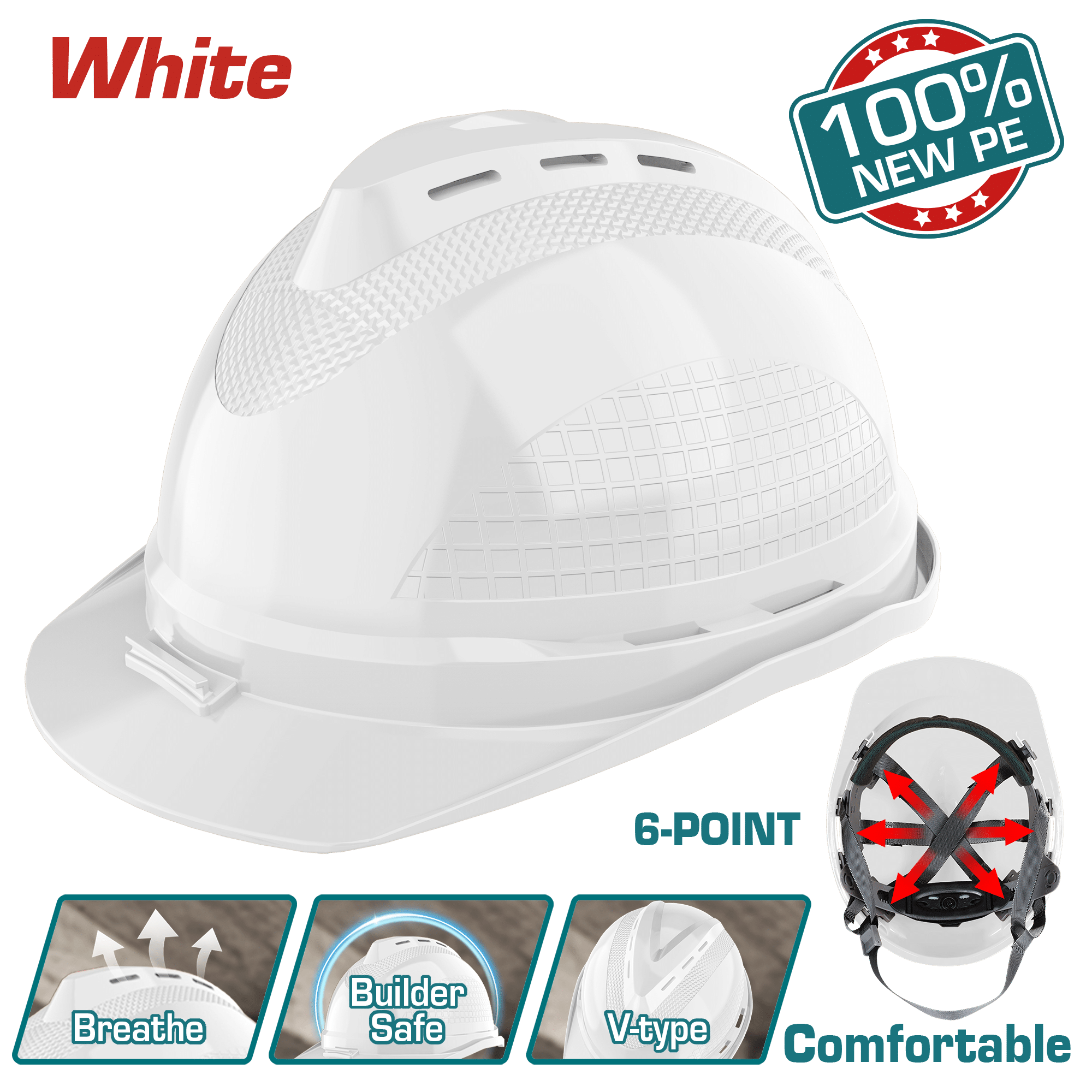 CASCO DE SEGURIDAD 100% NEW PE 6 PUNTOS CONFORTABLE 380G BLANCO INDUSTRIAL
