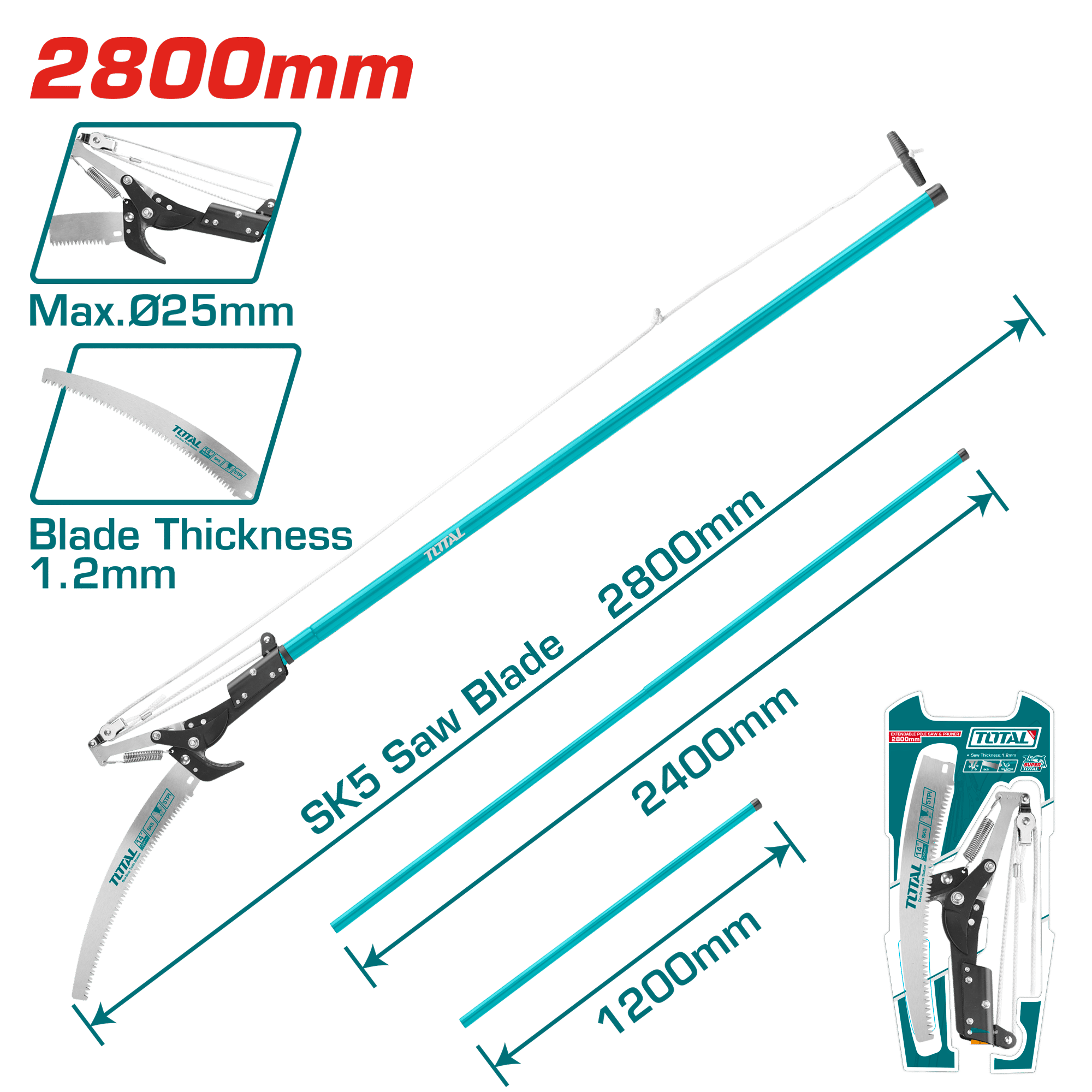 SIERRA DE MANGO EXTENDIBLE 2800MM HOJA:1.2MM SK5 TRIPLE DIENTE INDUSTRIAL