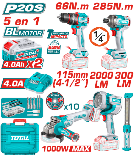 COMBO 5 EN 1 TALADRO PR. 66NM + DES.IMP 285NM + AMOLADORA 1000W + LINT. 2000 + LINT. 300LM +ACC INDUSTRIAL