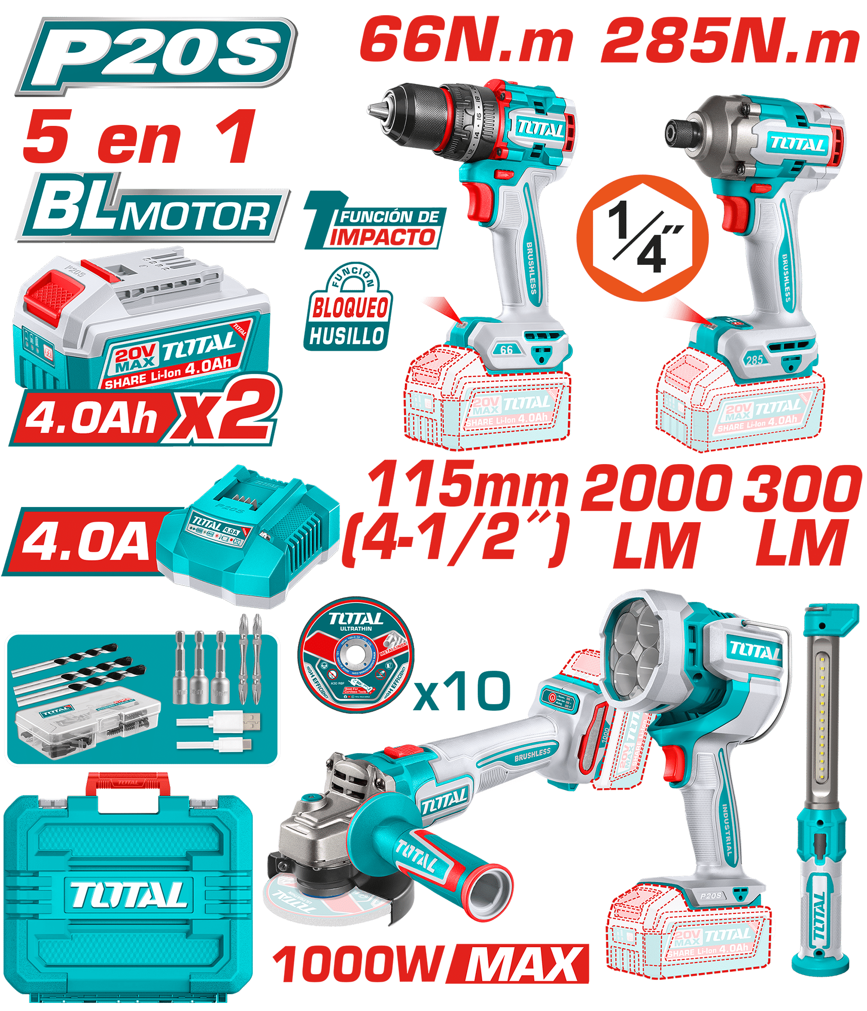 COMBO 5 EN 1 TALADRO PR. 66NM + DES.IMP 285NM + AMOLADORA 1000W + LINT. 2000 + LINT. 300LM +ACC INDUSTRIAL