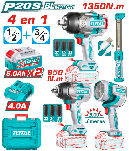 COMBO 4 EN 1 LLAVE IMPACTO 1350NM Y 850NM + LINTERNA 2000LM + LINTERNA TRABAJO 2X5.0AH + MALETIN INDUSTRIAL