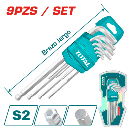 SET DE LLAVES ALLEN HEX PUNTA REDONDA 9PCS S2 1.5-10MM INDUSTRIAL