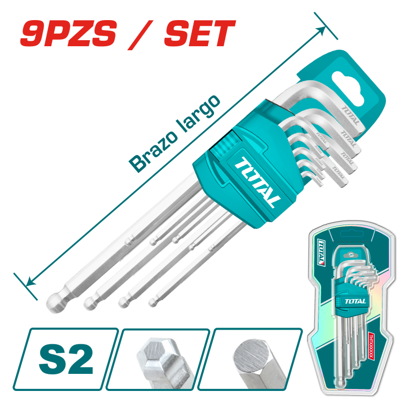 SET DE LLAVES ALLEN HEX PUNTA REDONDA 9PCS S2 1.5-10MM INDUSTRIAL