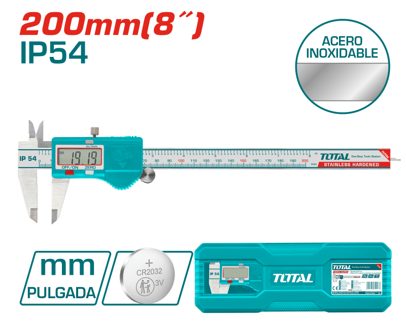CALIBRADOR VERNIER 200MM (8'') ACERO AL CARBON 3V DIGITAL IP54 CON ESTUCHE