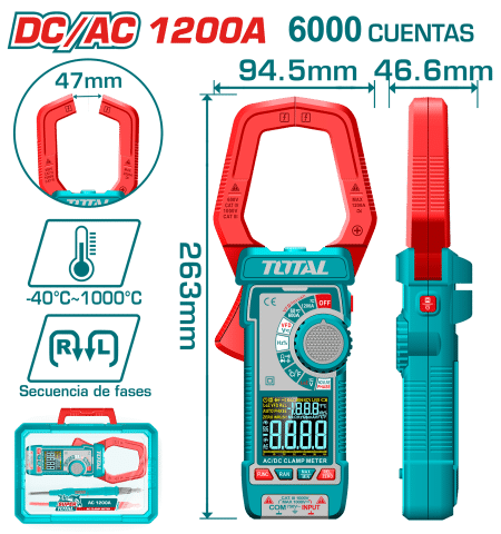 PINZA AMPERIMETRICA DC/AC 1000A 6000 CONTEOS A:47MM MALETIN INDUSTRIAL