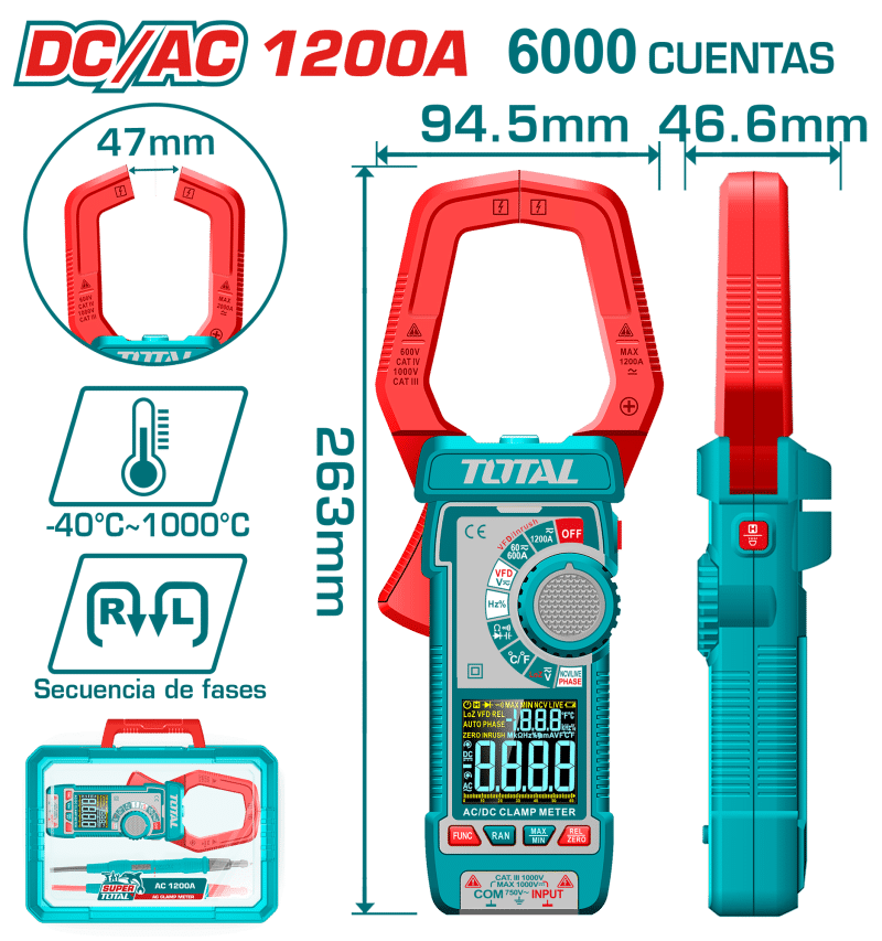 PINZA AMPERIMETRICA DC/AC 1000A 6000 CONTEOS A:47MM MALETIN INDUSTRIAL
