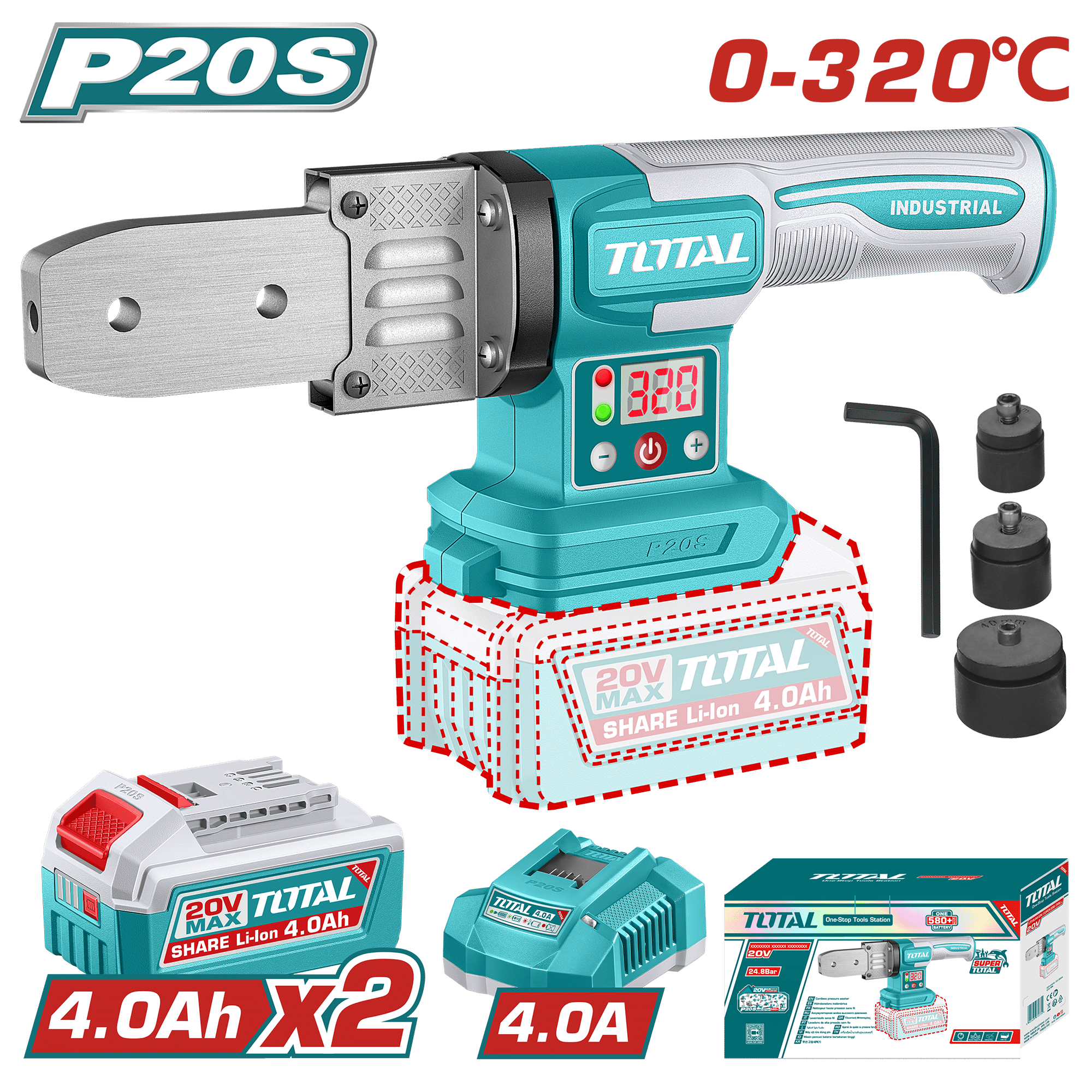 TERMOFUSORA 20V DIA: 20/25/32MM 320ºC INDUSTRIAL 2X4.0AH