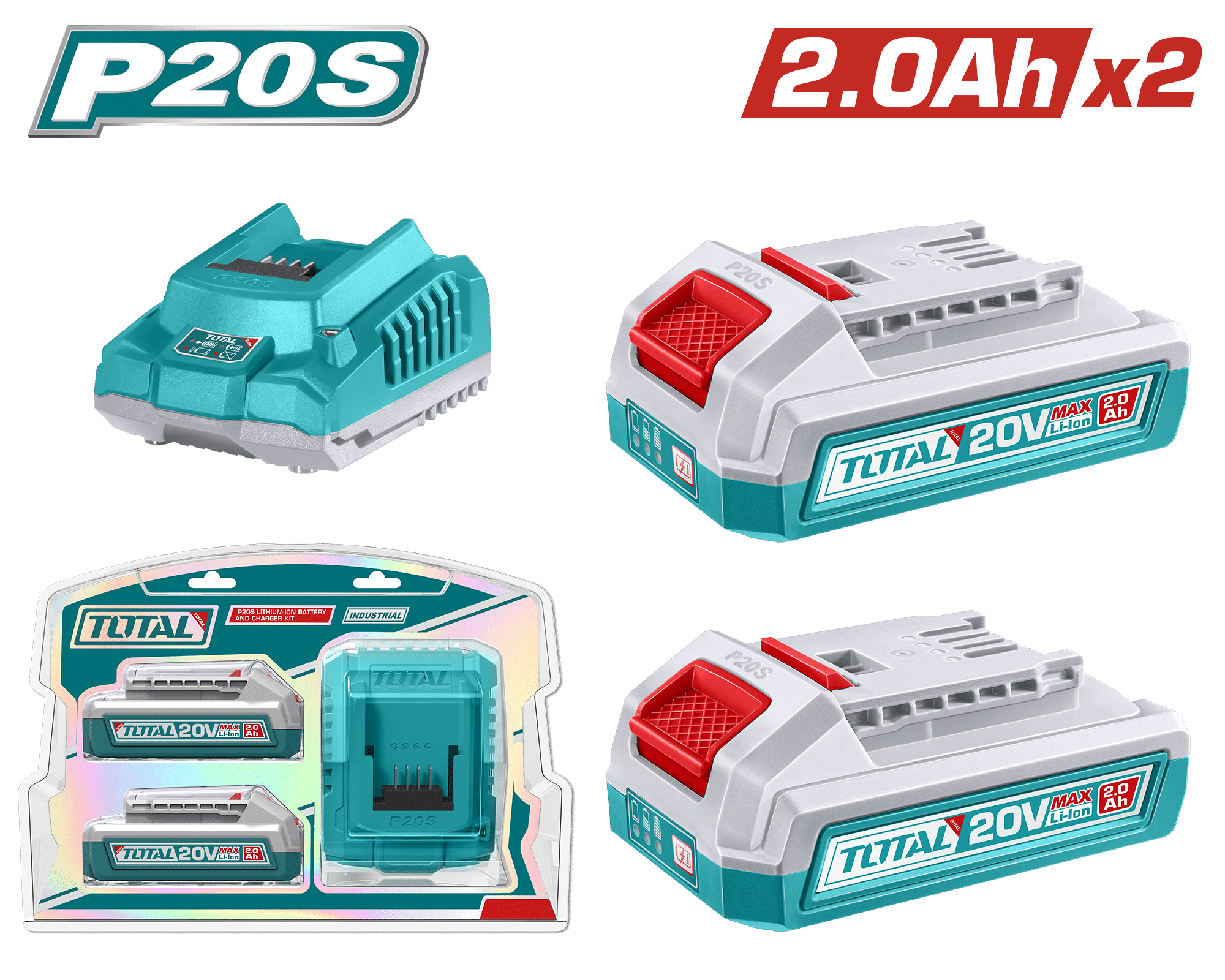 SET DE BATERIAS LI-ION 20V 2.0AH 2PCS + CARGADOR INDUSTRIAL