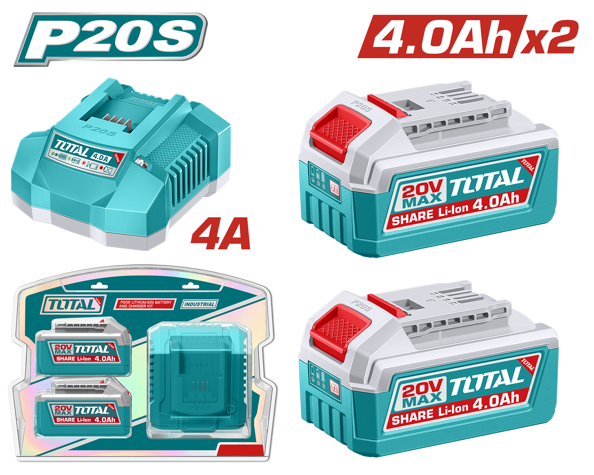 SET DE BATERIAS LI-ION 20V 4.0AH 2PCS + CARGADOR 4A INDUSTRIAL