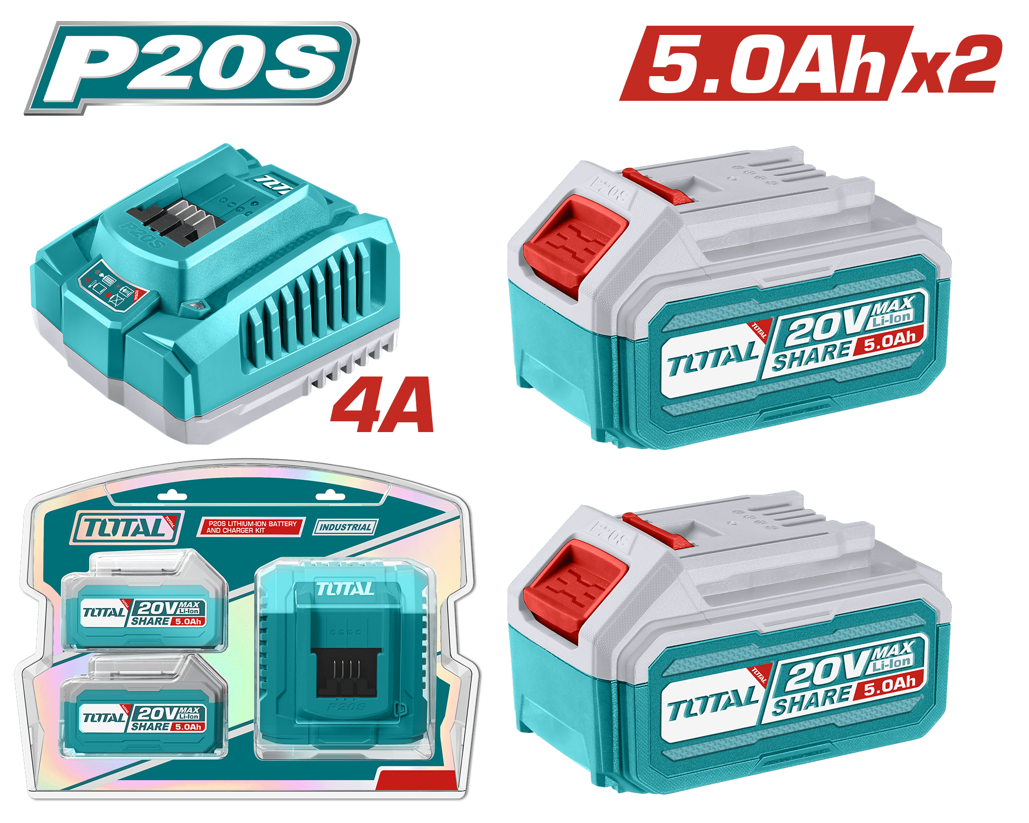 SET DE BATERIAS LI-ION 20V 5.0AH 2PCS + CARGADOR INDUSTRIAL