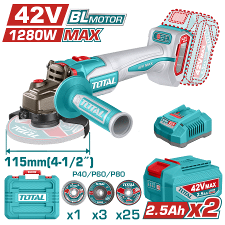 AMOLADORA 42V BLMOTOR 3000/6500/10000RPM 115MM M14 1280WMAX 2X2.5AH +ACC MALETIN INDUSTRIAL