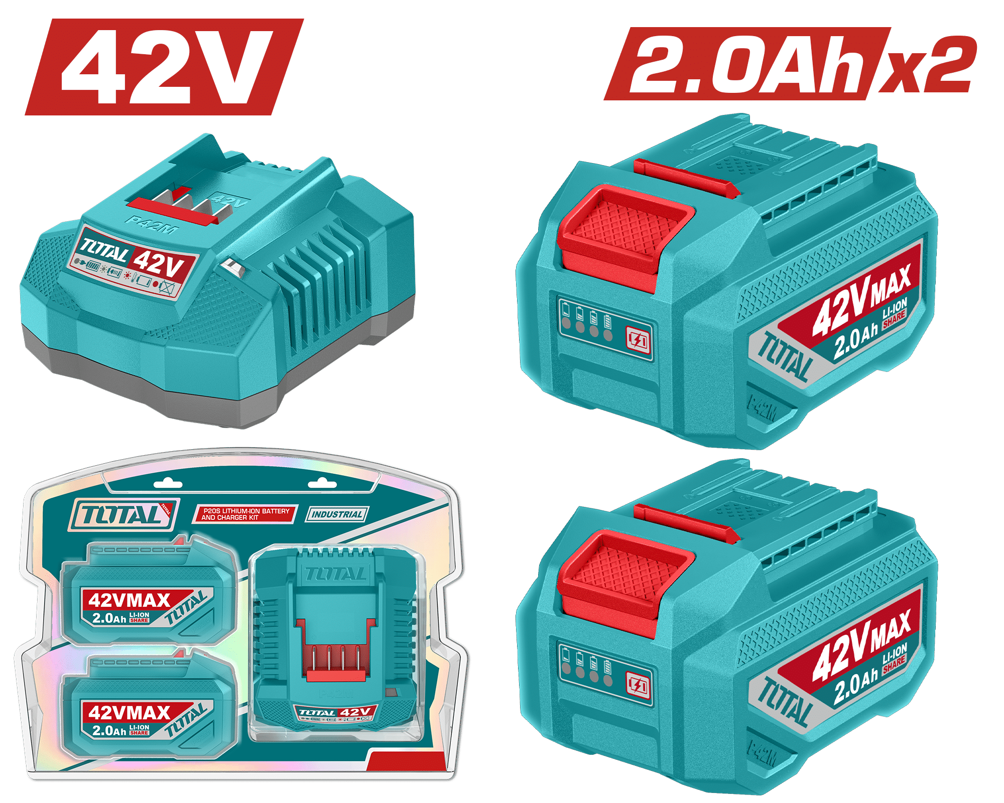 SET DE BATERIAS LI-ION 42V 2.0AH 2PCS + CARGADOR INDUSTRIAL