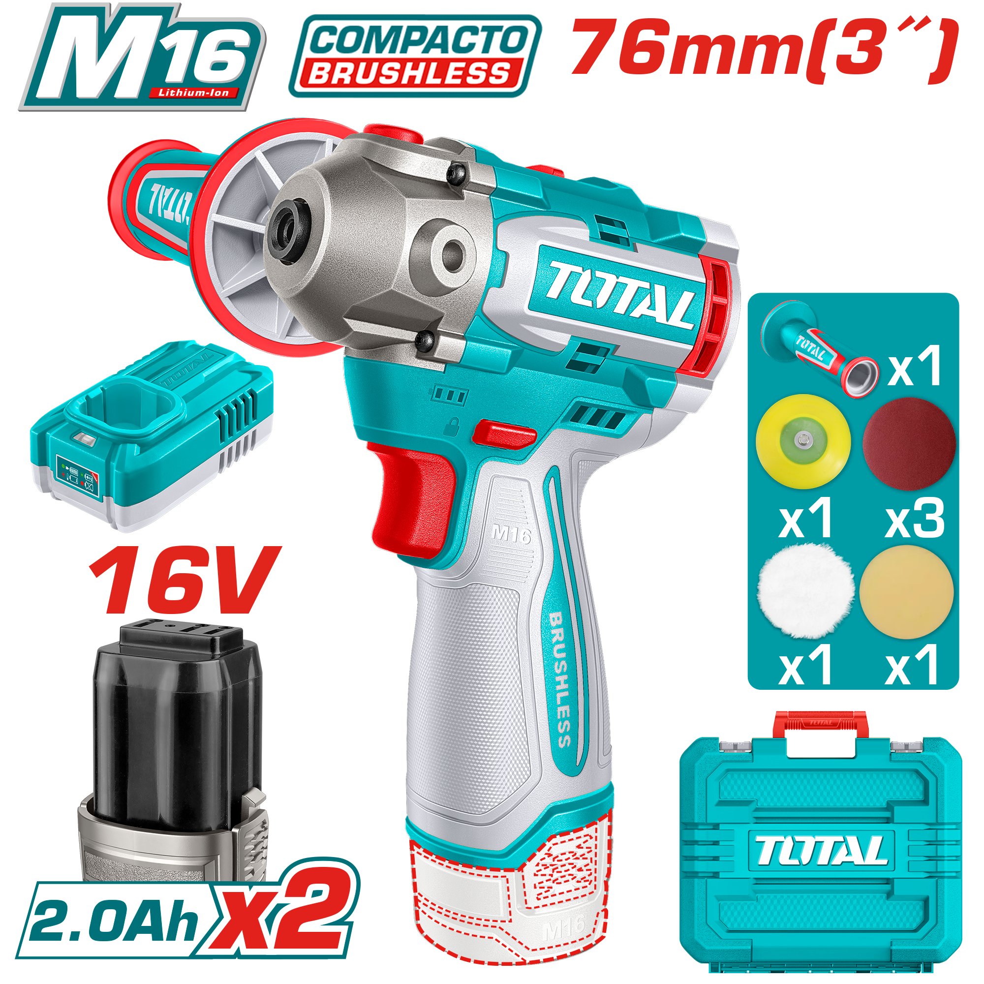 PULIDORA 16V 0-2800/0-8300RPM PAD:76MM 2X2.0AH + ACC Y MALETIN INDUSTRIAL